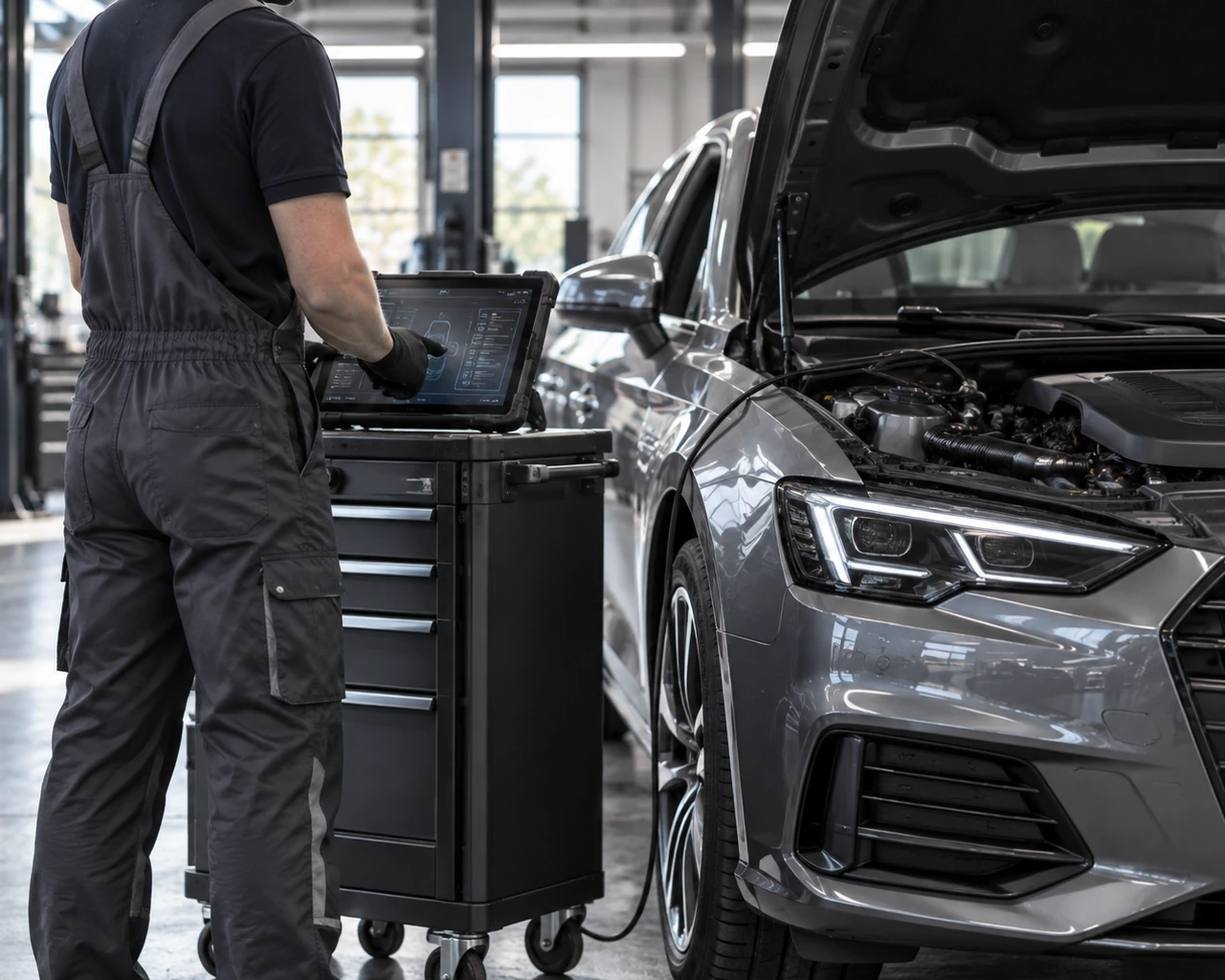 Kfz-Mechatroniker bei der elektronischen Fahrzeugdiagnose