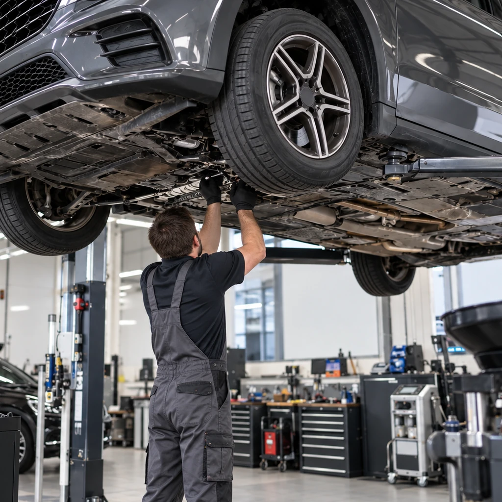 Kfz-Mechatroniker bei Arbeiten an einem Fahrzeug in einer modernen Werkstatt