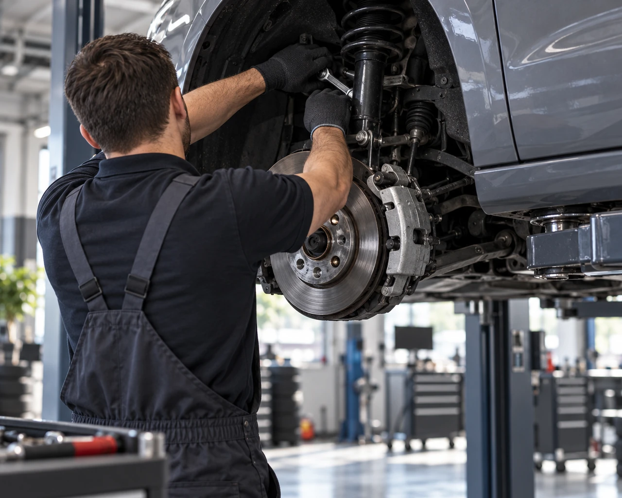 Kfz-Mechatroniker bei Reparaturarbeiten am Fahrwerk eines Fahrzeugs