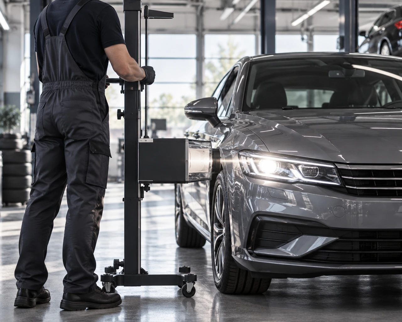 Fahrzeugkontrolle in einer Kfz-Werkstatt zur Vorbereitung auf die Hauptuntersuchung
