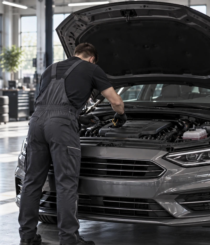 Kfz-Mechatroniker bei Arbeiten im Motorraum eines Fahrzeugs